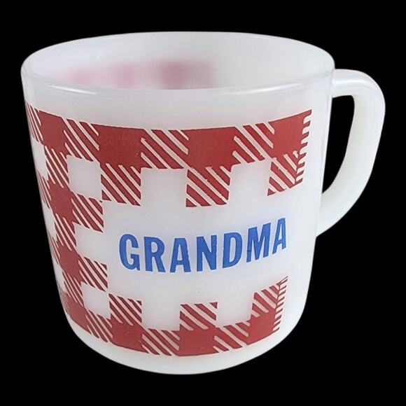 Westfield Federal White Milk Glass Red? White Checked Grandpa / Grandma Mugs - Picture 2 of 6
